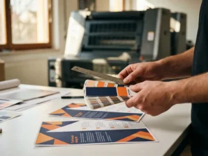 Grafisch ontwerper past kleurenstalen en meetlinalen aan op wit bureau met flyer mockups, drukpers op achtergrond