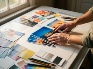 Handen van grafisch ontwerper selecteren kleurrijke flyer samples op witte tekentafel onder studiolicht