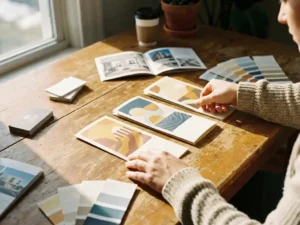 Handen van ontwerper rangschikken drie flyers op houten bureau met drukwerk samples en natuurlijk daglicht
