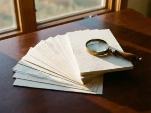 Stapel witte flyers in waaiervorm op mahoniehout bureau met vergrootglas dat papiervezelstructuur toont