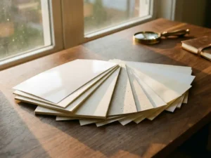 Verzameling premium flyers in waaiervorm op walnoten bureau toont verschillende papiersoorten van glanzend tot mat, verlicht door warm zonlicht