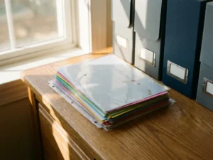 Kleurrijke flyers in beschermhoes op houten bureau naast archiefboxen met natuurlijk licht