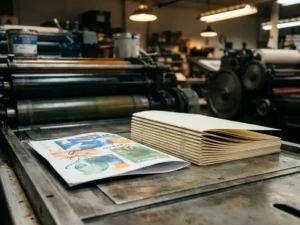 Enkele flyer en dikke brochure op professionele drukpers met metalen rollen en inkttrommels op achtergrond