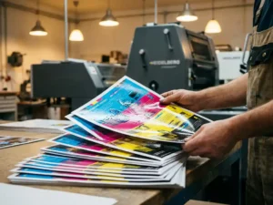 Stapel kleurrijke flyers op professionele drukkerij werkplek met printer die kwaliteit controleert, Heidelberg pers op achtergrond