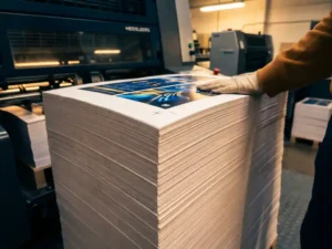 Stapel van 10.000 witte flyers op professionele drukpers met kleurrijke prints en Heidelberg-machines op achtergrond