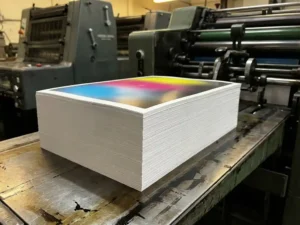 Stapel van 1000 witte flyers op professionele drukpers met kleurrijke inktgradiënten, Heidelberg drukmachine op achtergrond