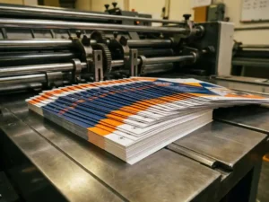 Stapel kleurrijke flyers op professionele drukpers met registratiemerken, industriële rollen en warme werkplaatsverlichting