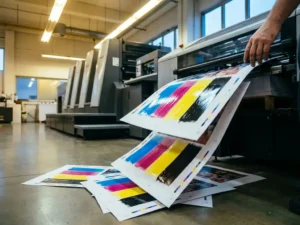 Stapel kleurrijke flyers van professionele drukpers met glimmende inkt op industriële werkplek