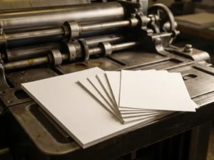Witte flyers in verschillende formaten gerangschikt op professionele drukpers met industriële apparatuur op achtergrond