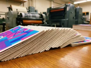 Stapel kleurrijke flyers met magenta en blauwe geometrische patronen op houten bureau in professionele drukkerij