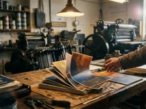 Stapel kleurrijke flyers verspreid over houten tafel in drukkerij met industriële pers op achtergrond
