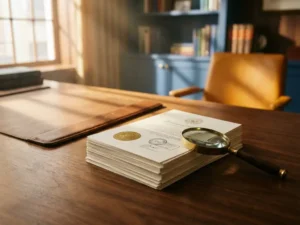 Stapel witte folders met gouden certificeringsstempels op houten bureau, vergrootglas toont details in warm kantoorlicht