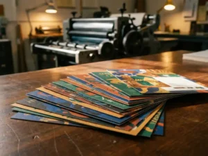Kleurrijke gedrukte flyers uitgewaaierd op houten bureau met drukpers op achtergrond in warm industrieel licht