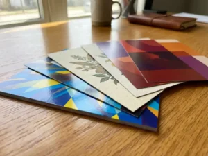 Diverse gedrukte flyers in waaiervorm gerangschikt op gepolijst houten bureau, verschillende papiersoorten en afwerkingen in natuurlijk licht