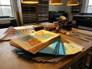 Stapel kleurrijke flyers op professionele drukkerij werkplek met kleurstalen en drukgereedschap in warm licht