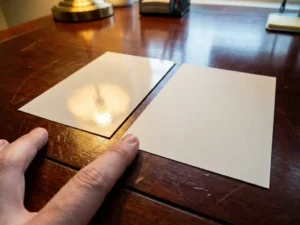 Twee identieke flyers op mahoniehout bureau, één met glanzende coating die licht reflecteert, één met matte textuur