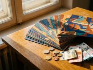Stapel kleurrijke flyers uitgewaaierd op houten bureau met euromunten en bankbiljetten, warme namiddagzon creëert zachte schaduwen
