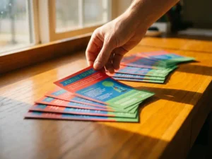 Kleurrijke folders uitgespreid op houten bureau met hand die er een selecteert, natuurlijk licht creëert zachte schaduwen