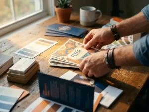 Handen van ontwerper rangschikken kleurrijke gedrukte flyers op houten bureau met gouden zonlicht en professionele drukwerkvoorbeelden
