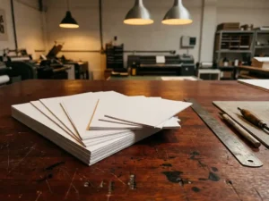 Stapel witte flyers in waaiervorm op donkere houten werktafel met metalen liniaal en snijgereedschap in drukkerij