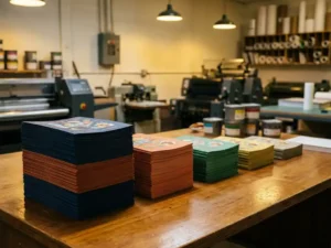 Stapels kleurrijke flyers in afnemende hoogtes op houten bureau in professionele drukkerij met warme verlichting