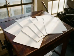 Witte flyers in verschillende formaten gerangschikt in waaiervorm op donkere houten druktafel met warm licht en zachte schaduwen