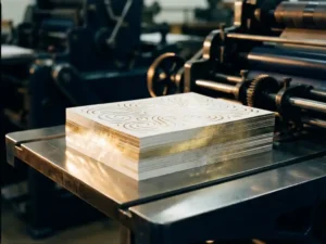 Stapel elegante flyers met gouden en zilveren folieaccenten op professionele drukpers, dramatische zijverlichting creëert glanzende reflecties