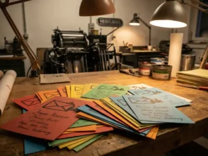 Stapel kleurrijke flyers met gepersonaliseerde namen en adressen op houten tafel in drukkerij workshop