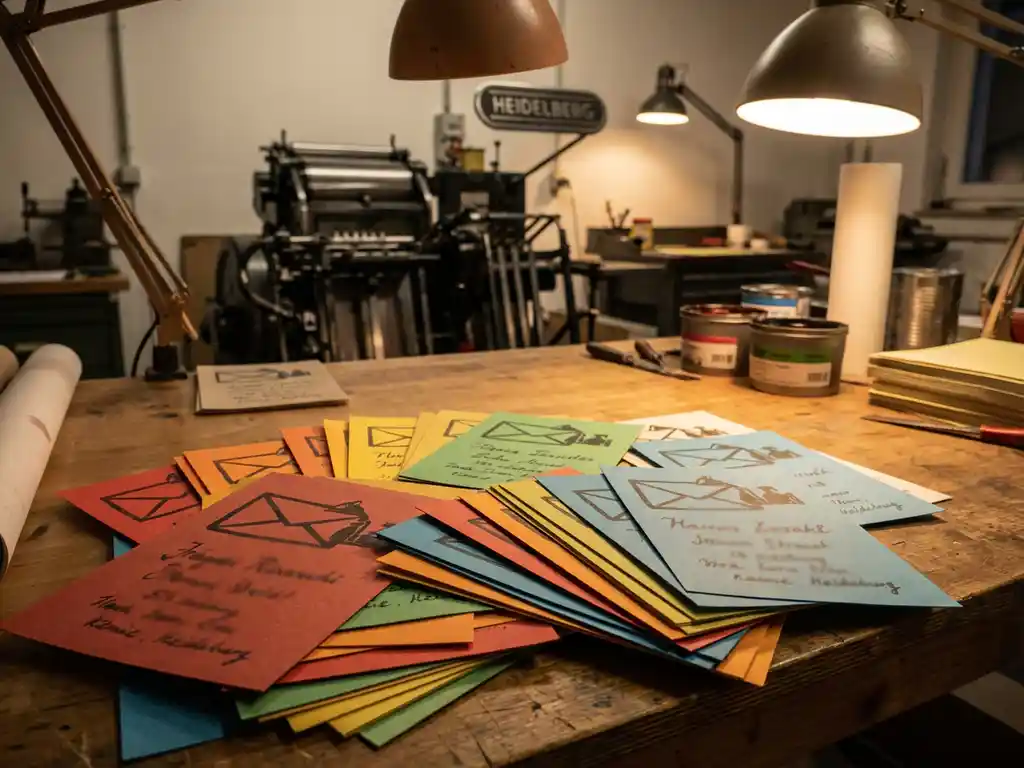 Stapel kleurrijke flyers met gepersonaliseerde namen en adressen op houten tafel in drukkerij workshop
