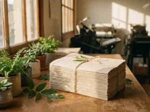Stapel gerecyclede papieren brochures op houten bureau omringd door groene planten in natuurlijk zonlicht