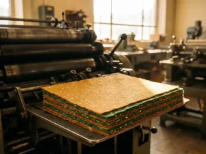 Stapel kleurrijke promotieflyers van gerecycled papier op professionele drukpers in werkplaats met warme verlichting