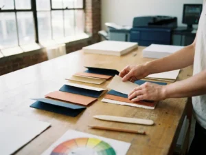 Ontwerper rangschikt kleurrijke papiermonsters en flyer mockups op houten werktafel met professionele drukapparatuur op achtergrond