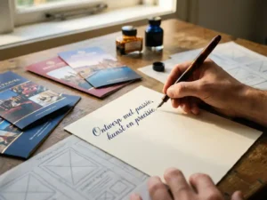 Hand met vulpen schrijft elegante Nederlandse tekst op crèmekleurig papier, omringd door kleurrijke brochuremonsters op houten bureau