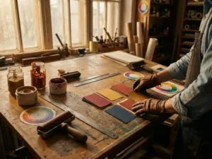 Ontwerper rangschikt kleurrijke papiermonsters en inktstaaltjes op houten tekentafel met vintage drukgereedschap in zonlicht