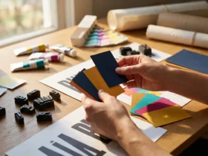 Ontwerper rangschikt kleurrijke papiermonsters en typografie-elementen op houten bureau met drukmaterialen en natuurlijk licht