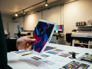 Grafisch ontwerper houdt kleurrijke flyer vast boven bureau met drukkerij-apparatuur en kleurkalibratieschema's