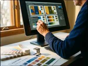 Professionele grafisch ontwerper past kleurinstellingen aan op computermonitor met levendige brochure-ontwerpen, omringd door kleurvoorbeelden