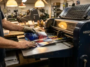 Printer plaatst driekleurige brochure op invoerlade van professionele Heidelberg drukpers, verse inkt glanst op hoogwaardig papier