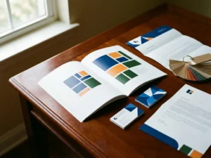 Open witte brochure op houten bureau met visitekaartje, briefpapier en kleurstalen in warm natuurlijk licht