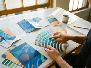 Grafisch ontwerper selecteert kleurstalen van waaier boven tafel met gedrukte flyers in blauw, oranje en groen tinten