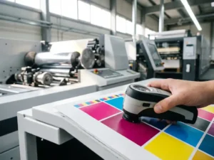 Kleurkalibratieapparaat meet levendige inktmonsters op witte drukpers, met magenta, cyaan en gele kleurstalen in moderne drukkerij