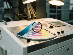 Kleurenkalibratiefan gespreid over drukpersbesturingspaneel met CMYK-stalen en vergrootglas dat halftoonpunten toont
