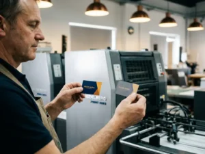 Printtechnicus toont twee visitekaartjes met verschillende kleurkwaliteit naast Heidelberg drukpers in moderne drukkerij
