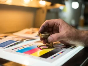 Printer inspecteert kleurproeven met vergrootglas op professionele lichttafel, controleren van registratiemerken en kleurovergangen