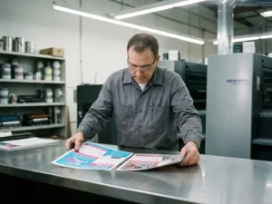 Drukker vergelijkt twee flyers onder studiolicht, één met perfecte kleuren en één met kleurverschuivingen, moderne Heidelberg drukmachines op achtergrond