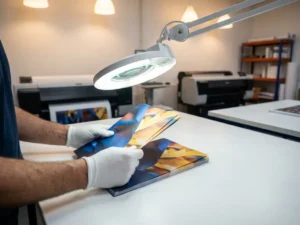 Kwaliteitscontroleur inspecteert kleurrijke flyers onder vergrootlamp op witte tafel in moderne drukkerij