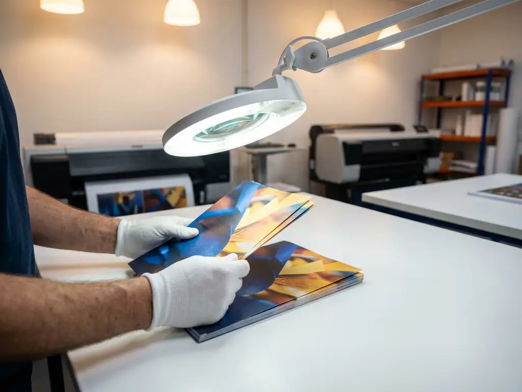 Kwaliteitscontroleur inspecteert kleurrijke flyers onder vergrootlamp op witte tafel in moderne drukkerij