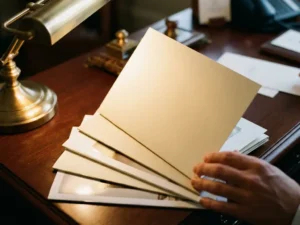 Luxe brochures met verschillende papiertexturen elegant uitgewaaierd op gepolijst mahoniehout bureau, verlicht door warme bureaulamp