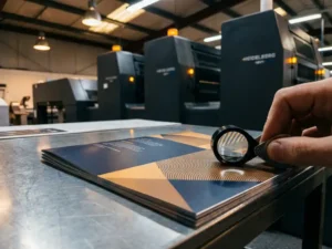 Vers gedrukte brochure met moiré-interferentiepatronen op inspectietafel, vergrootglas toont golvende verstoringseffecten in detail
