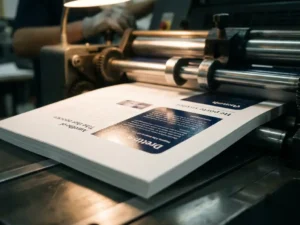 Vers gedrukte brochure met scherpe zwarte tekst komt uit professionele offsetdrukpers, natte inkt glanst op wit papier